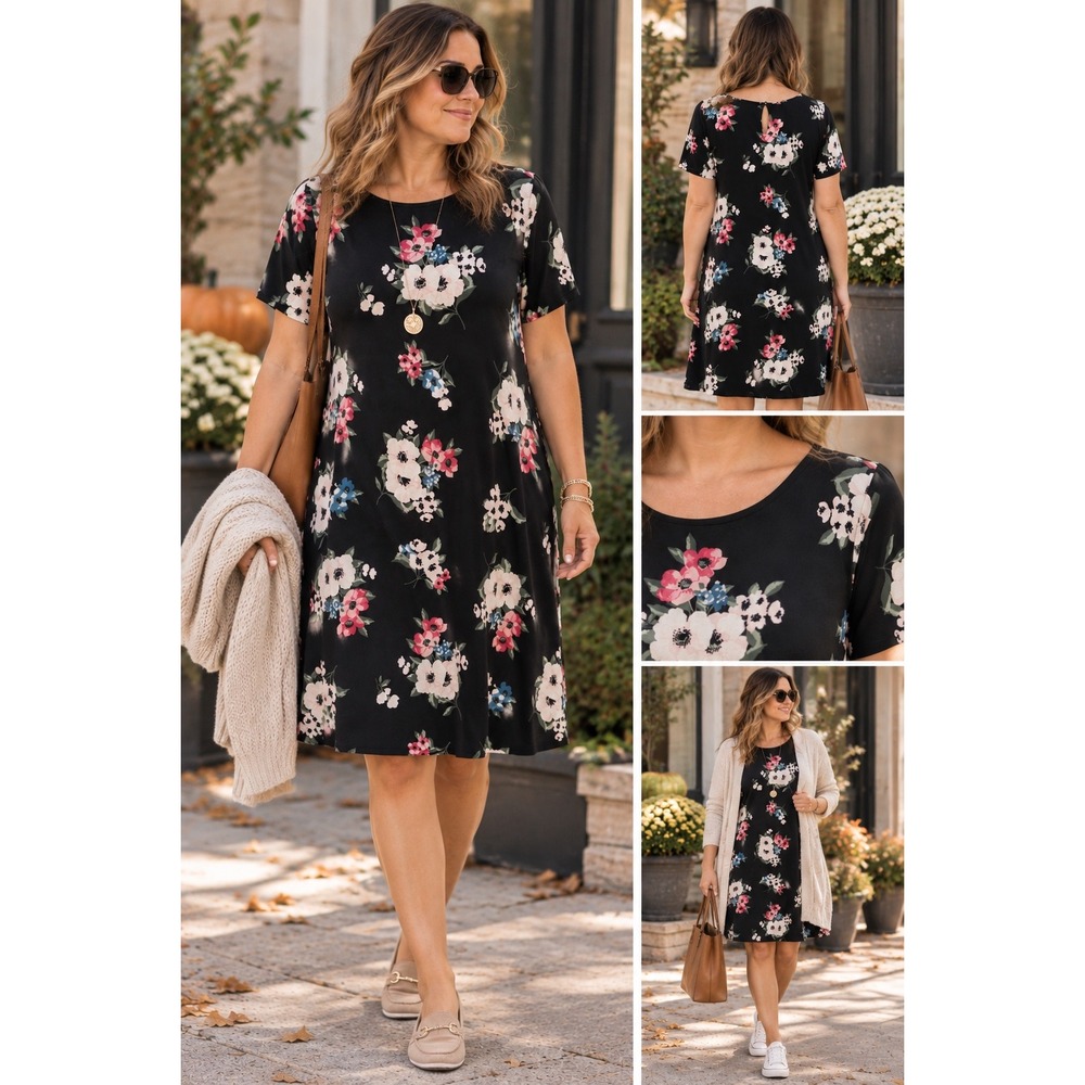 J. Jill Wearever Black Floral Short Sleeve Shift Dress 2X Women's Stretch Knit
